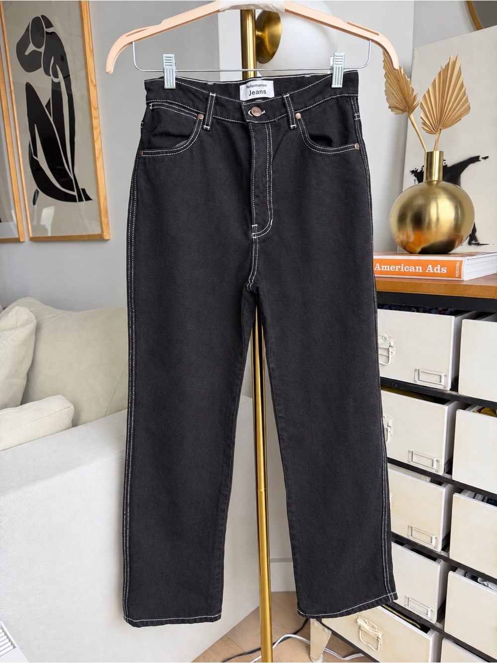 Reformation Cowboy High Rise Straight Jeans Black Contrast Stitch Size 26